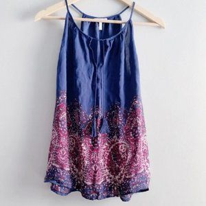 Joie • Printed Silk Tassel Tie Flowy Top in Navy/Maroon Combo, Size Medium